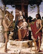 Bartolomeo Montagna Madonna and Child under a Pergola with St John the Baptist and St Onofrius oil painting reproduction